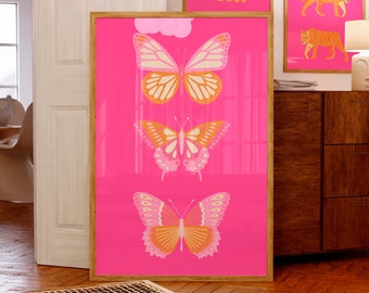 Colorful butterfly print Preppy wall art Orange hot pink wall art Girls room decor Trendy poster Vibrant Bright wall art DIGITAL DOWNLOAD