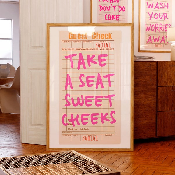 Take A Seat Sweet Cheeks print Funny Bathroom decor Toilet wall art Retro Guest Check poster Funky restroom decor Dorm room decor PRINTABLE