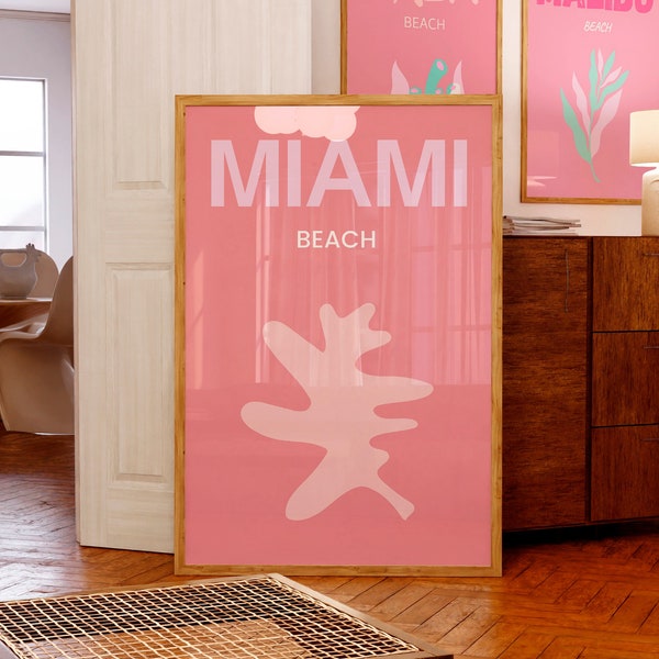 Impression d'art mural côtier rose Miami Beach, affiche de voyage preppy, décoration de chambre plage moderne, décoration esthétique, art mural girly tendance, imprimable
