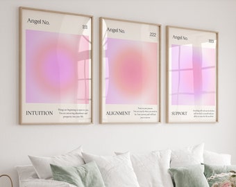 Angel Number prints 111, 222, 333 Positive Aura poster set of 3 Spiritual wall art Inspirational Pink purple Aesthetic room decor PRINTABLE