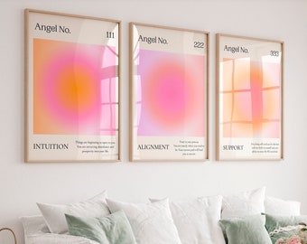 Aura poster set of 3 Angel Number print 111, 222, 333 Pink orange wall art Trendy Spiritual poster Indie Aesthetic room decor PRINTABLE ART