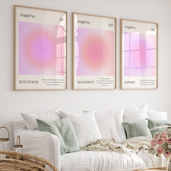 Angel Number prints 111, 222, 333 Positive Aura poster set of 3 Spiritual wall art Inspirational Pink purple Aesthetic room decor PRINTABLE