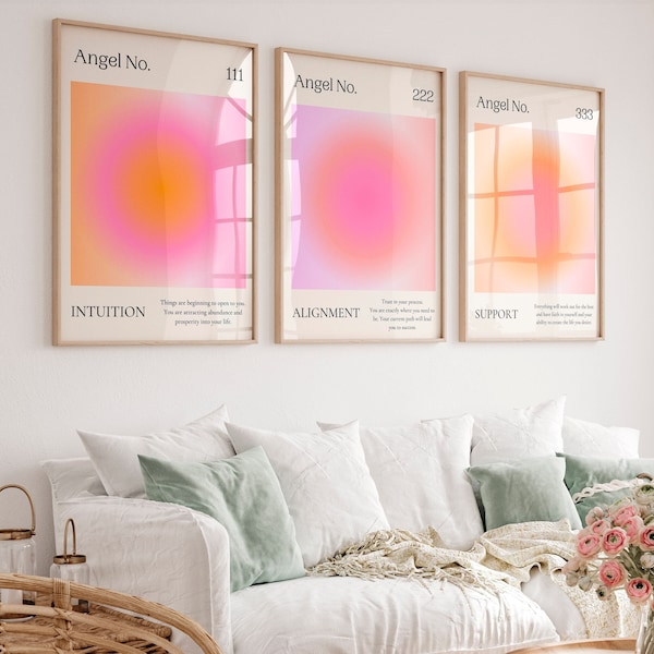 Aura poster set of 3 Angel Number print 111, 222, 333 Pink orange wall art Trendy Spiritual poster Indie Aesthetic room decor PRINTABLE ART