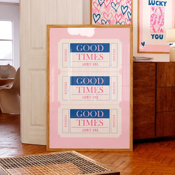 Good Times poster Admit One Ticket print Navy Blue Pink wall art Preppy room decor College apartment decor Trendy girly wall art PRINTABLE