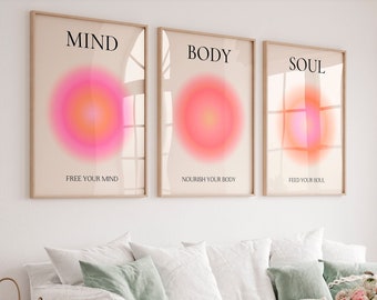 Mind Body Soul poster Pink Aura print Set of 3 Trendy wall art Aesthetic room decor Spiritual wall art High vibration Gradient PRINTABLE ART