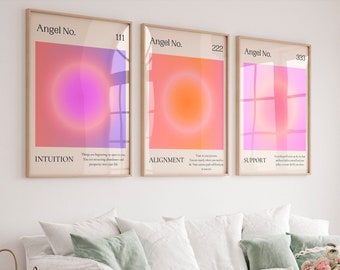 Angel Number poster 111, 222, 333 Aura print Set of 3 Spiritual wall art Affirmation poster Colorful gradient Aesthetic room decor PRINTABLE