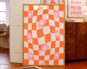 Pink & Orange Checkered Wall Art, Retro 70 Print, Wavy Decor (Digital Download)