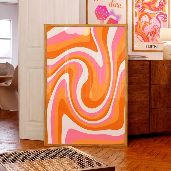 Wavy wall art Pink orange Swirl Squiggle print Funky wall art Bright Bold Colorful wall art Retro 70s poster Maximalist wall art PRINTABLE