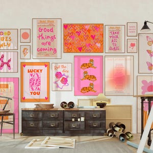 Pink Orange Preppy wall art Girly Gallery wall set Trendy dopamine decor Maximalist wall art Teen girls prints College dorm decor PRINTABLE