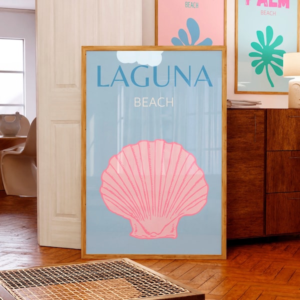 Laguna Beach poster Blue pink Scallop shell wall art Sea Shell art Modern coastal print Aesthetic Beachy room decor Preppy travel PRINTABLE