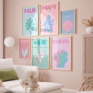 Preppy beachy room decor Modern Coastal wall art Beach Travel poster Aesthetic Gallery wall set of 6 prints Girly Trendy poster PRINTABLE