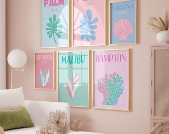 Preppy beachy room decor Modern Coastal wall art Beach Travel poster Aesthetic Gallery wall set of 6 prints Girly Trendy poster PRINTABLE