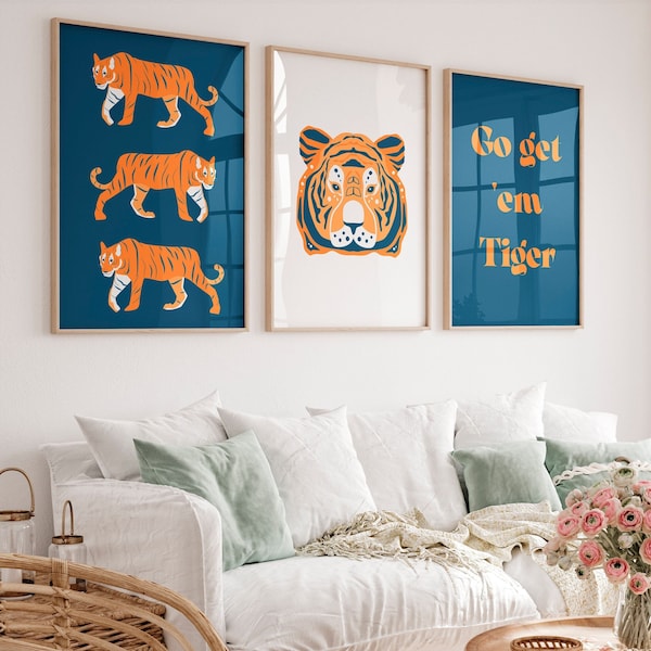 Auburn Tigers wall art Preppy room decor Trendy poster set of 3 Navy blue orange prints Go Get Em Tiger print College dorm decor PRINTABLE