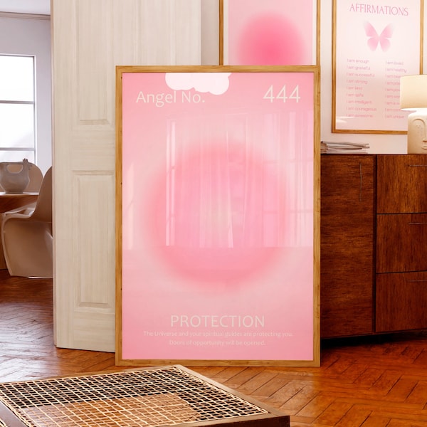 Ángel número 444 cartel Pink Aura impresión Arte de pared espiritual Rosa claro Decoración de la habitación estética Protección del hogar Manifestación cartel IMPRIMIBLE