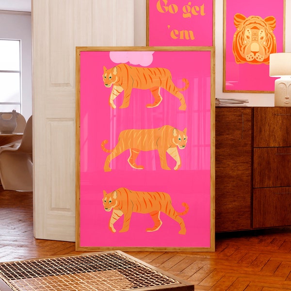 Tiger art print Hot pink orange wall art Preppy room decor For teens Trendy College dorm decor Colorful Bright Maximalist wall art PRINTABLE