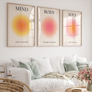 Póster de aura positiva con impresión de mente, cuerpo y alma, juego de 3, arte de pared espiritual, arte de pared de meditación, decoración de habitación estética moderna abstracta, ARTE IMPRIMIBLE