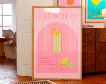 French 75 recipe print Retro Cocktail wall art Pink Bar cart decor Alcohol Drink poster Retro party decor Pink kitchen decor PRINTABLE ART