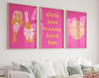 Girls Just Wanna Have Fun print Hot pink orange Preppy wall art Disco Ball decor Bar cart prints Set of 3 Retro Champagne poster PRINTABLE