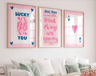 Pink Blue wall art Preppy prints Set of 3 Trendy wall art Lucky You poster Girly wall art College dorm decor Cute Apartment decor PRINTABLE