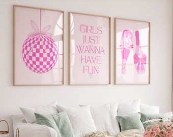Girls Just Wanna Have Fun print Light Pink preppy wall art Set of 3 Girly Coquette room decor For teens College Apartment decor PRINTABLE