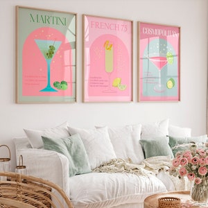 Cocktail recipe prints Retro trendy wall art Set of 3 Alcohol prints Pink Green Drink poster Bar cart decor Martini Cosmopolitan PRINTABLE