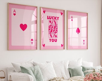 Lucky you wall art Playing Card print Ace of Hearts poster Queen of Hearts Trendy retro wall art Set of 3 Hot pink preppy wall art PRINTABLE