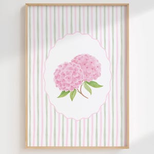 Pink Hydrangea wall art Striped Floral print Grandmillennial cottagecore decor Botanical nursery wall art Pastel Shabby Chic decor PRINTABLE
