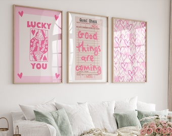 Pink preppy wall art Set of 3 Trendy prints Good Things are coming print Lucky you poster Cute Girly wall art Motivational quotes PRINTABLE