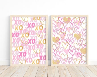 Gold pink wall art Preppy room decor For teens College dorm decor Aesthetic Trendy prints set of 2 Graffiti Hearts art XOXO print PRINTABLE