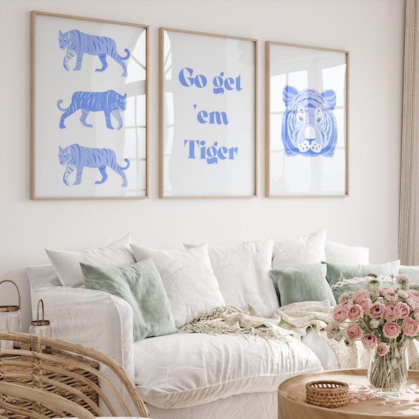 Blauer Tiger Wandkunst Blaues Schlafzimmer Dekor Go Get Em Tiger Druck Trendiges Poster 3er-Set College Wohnheim Dekor Für Teenager Wohnung DRUCKBARE KUNST