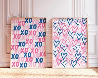 Navy & Pink Prints Set of 2, Hearts XOXO Graffiti Trendy Dorm Decor (Digital Download)