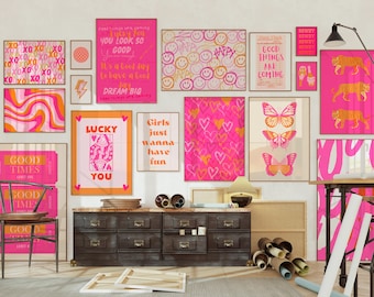 Trendy Preppy Wall Art: Pink Orange Gallery Wall Set Prints (Digital Download)