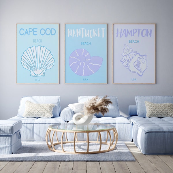 Blue Coastal wall art Light Blue beach prints Set of 3 Cape Cod Nantucket Hampton Coastal granddaughter decor Preppy travel poster PRINTABLE