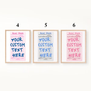 May include: Three framed wall art prints labeled 4, 5, and 6, each displaying a vintage guest check design. The prints feature the text 'Guest Check' at the top and 'YOUR CUSTOM TEXT HERE' in the center, with varying color schemes for the background and text.