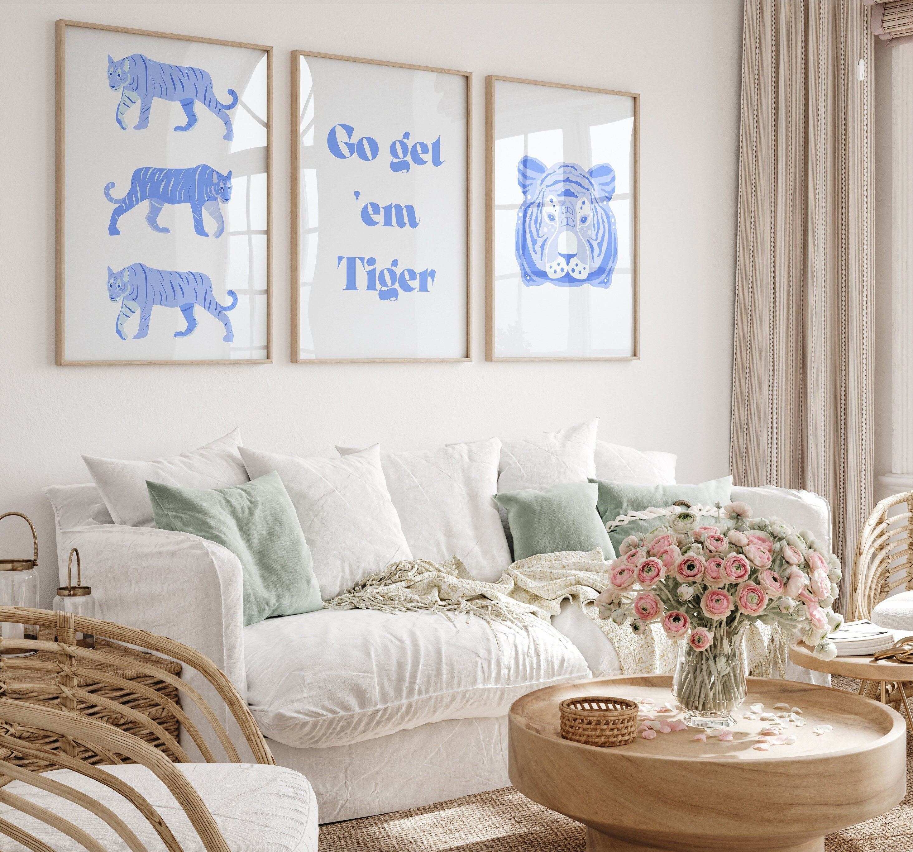 Blue Tiger wall art Blue preppy room decor Go Get Em Tiger print Trendy poster set of 3 College dorm decor For teens Apartment PRINTABLE ART