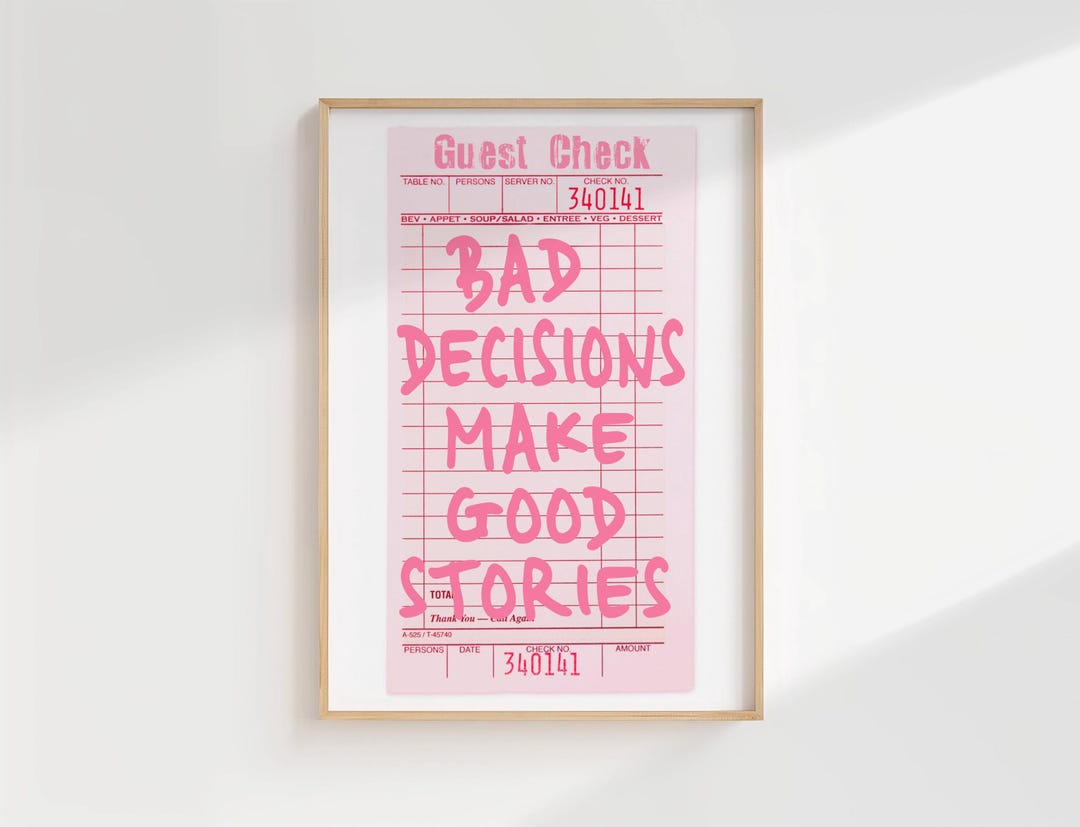 Bad Decisions Make Good Stories Fun Bar Cart Wall Art Retro Guest Check Print Receipt Poster ...
