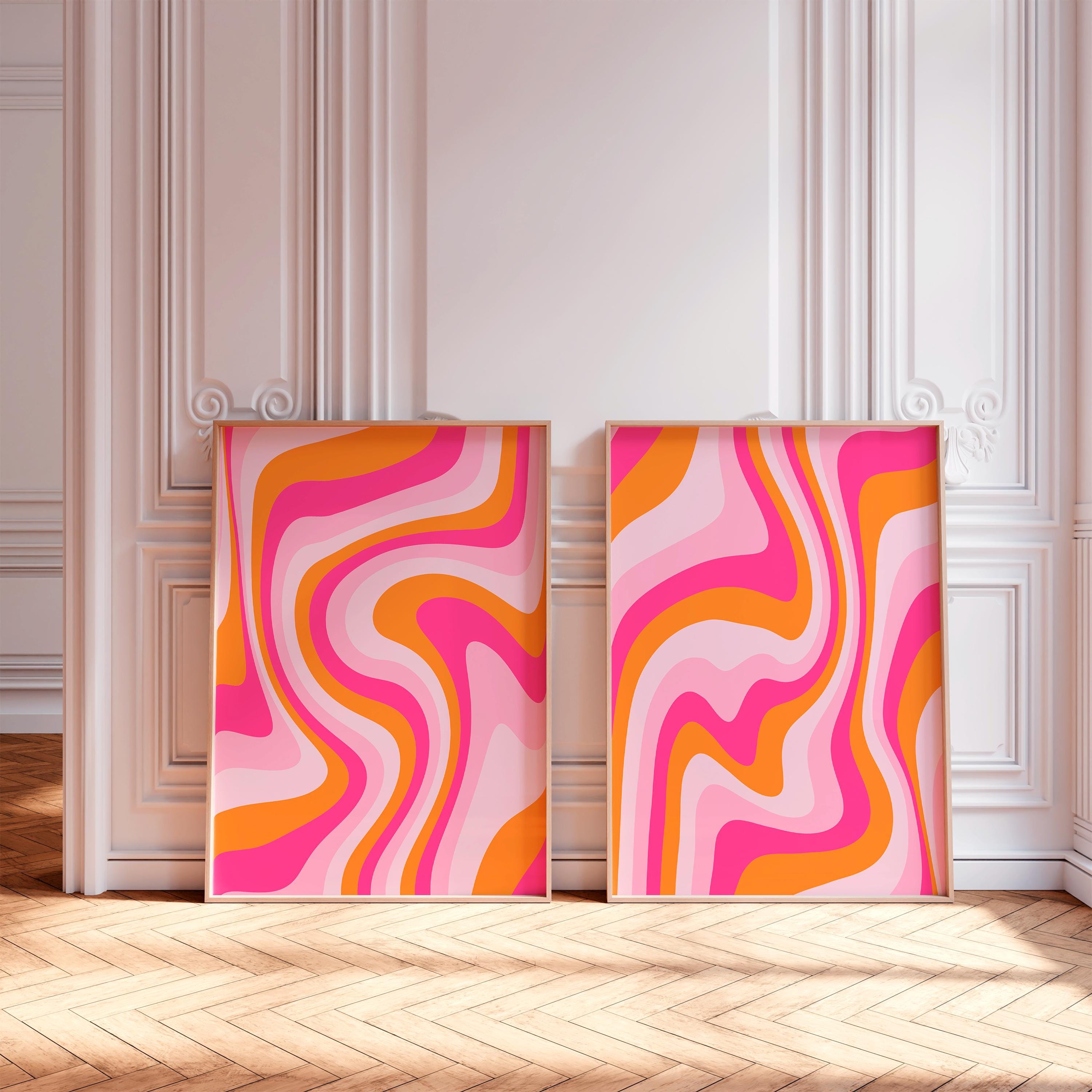 Retro Swirl Print Set of 2: Groovy Pink Orange Wall Art