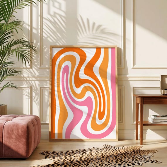 Retro Wavy Print: Funky 70s Wall Art, Pink & Orange Mid Century