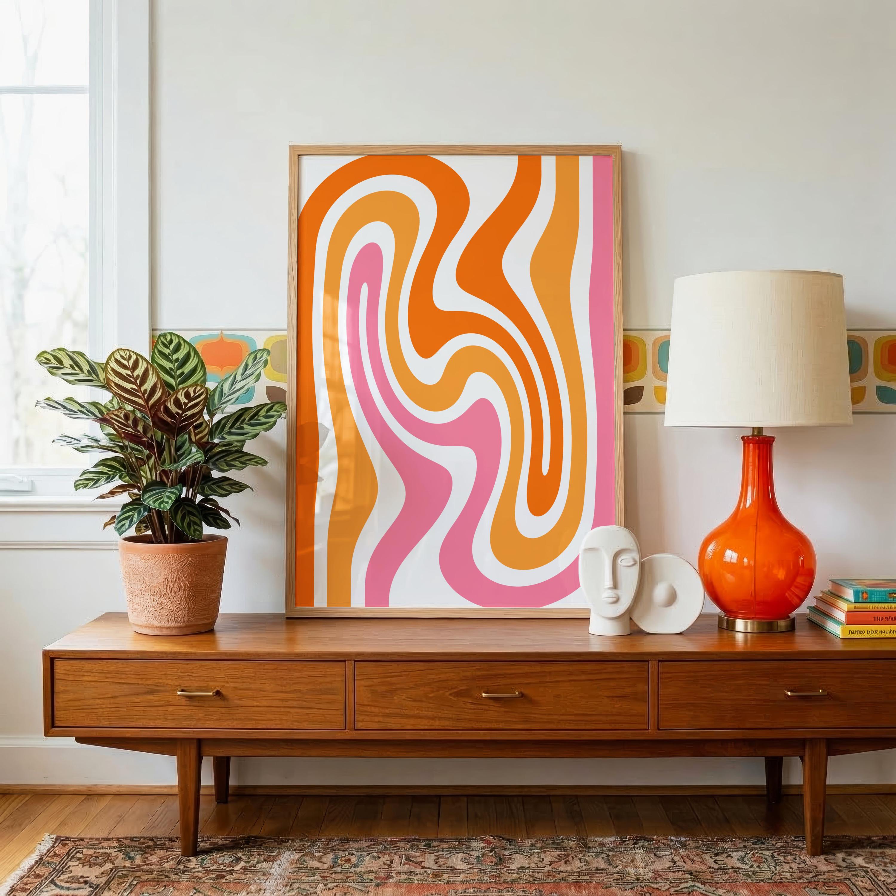 Retro Wavy Print: Funky 70s Wall Art, Pink & Orange Mid Century