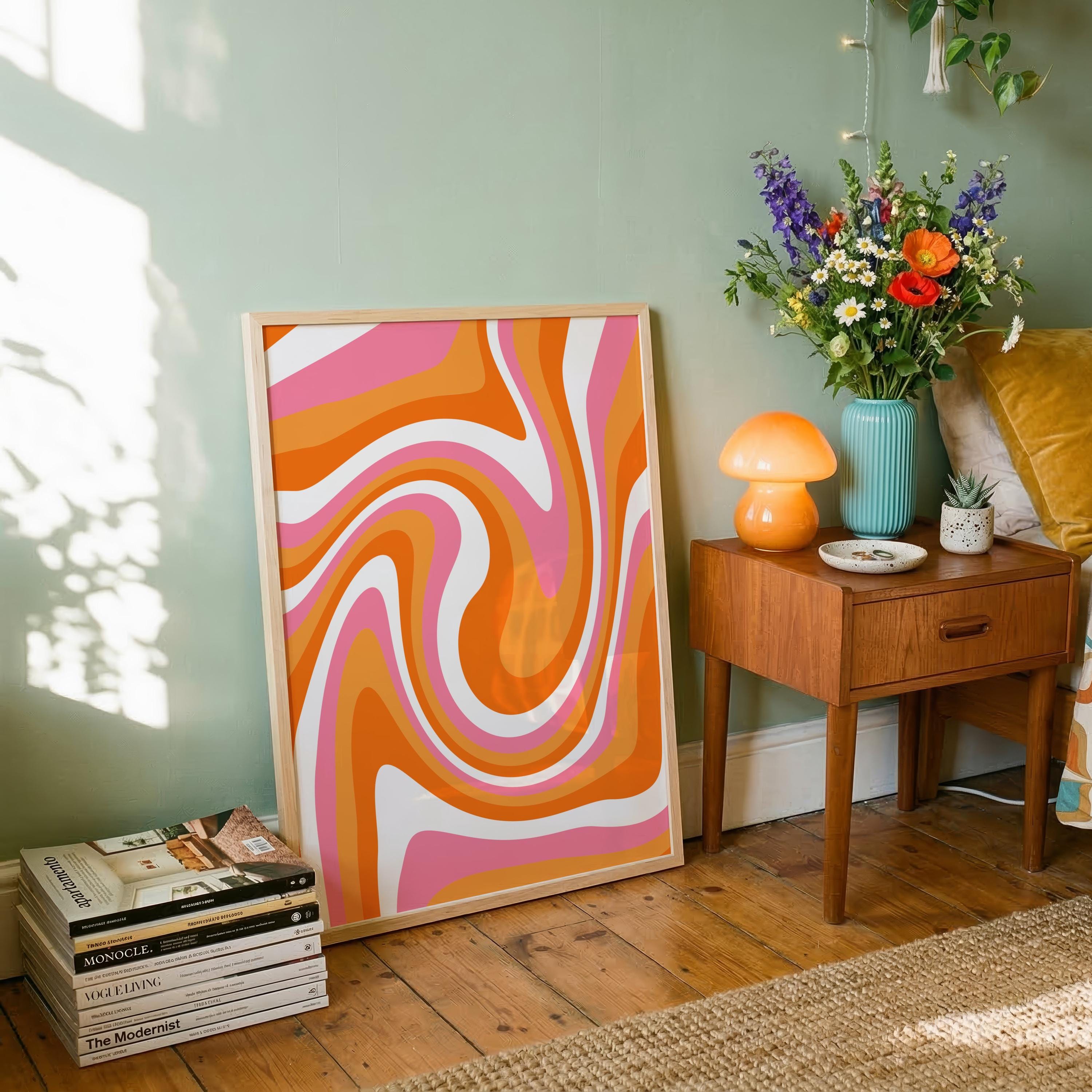 Retro Swirl Art Print: Mid Century Modern Wall Art, Pink & Orange