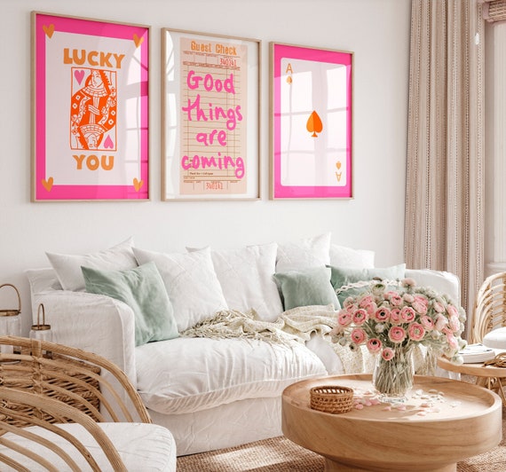 Trendy Prints Set of Pink Orange Preppy Wall Art for Teen Girl