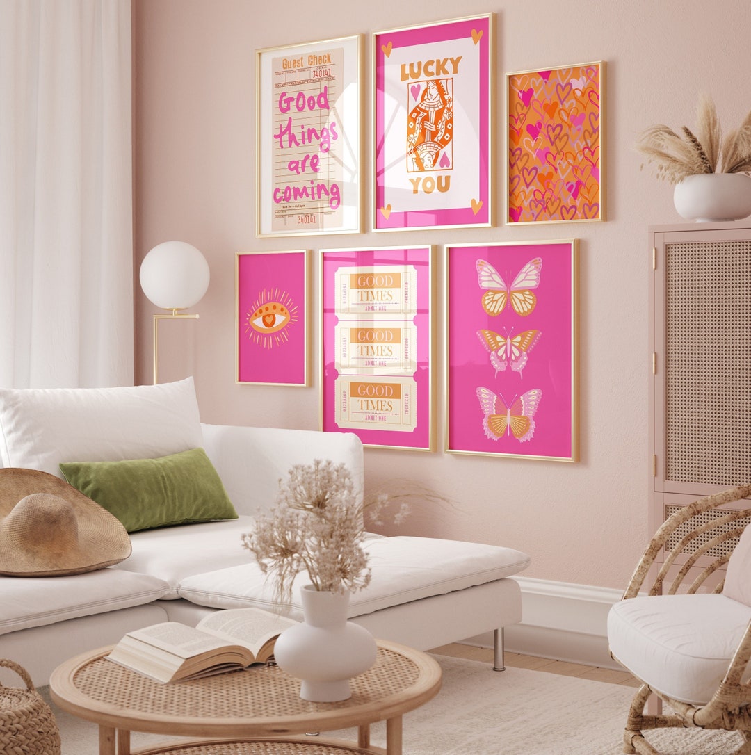 Preppy Gallery Wall Set of 6 Prints Trendy Retro Wall Art Orange Hot