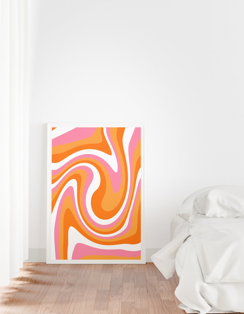 Abstract Swirl Print Retro Wavy Wall Art Pink Orange Groovy Print
