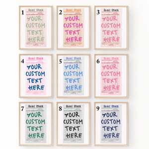 May include: Nine framed prints of guest check templates arranged in a grid. Each print features the text Guest Check at the top and the phrase YOUR CUSTOM TEXT HERE in various colors including green, pink, blue, gray, and black on different backgrounds.