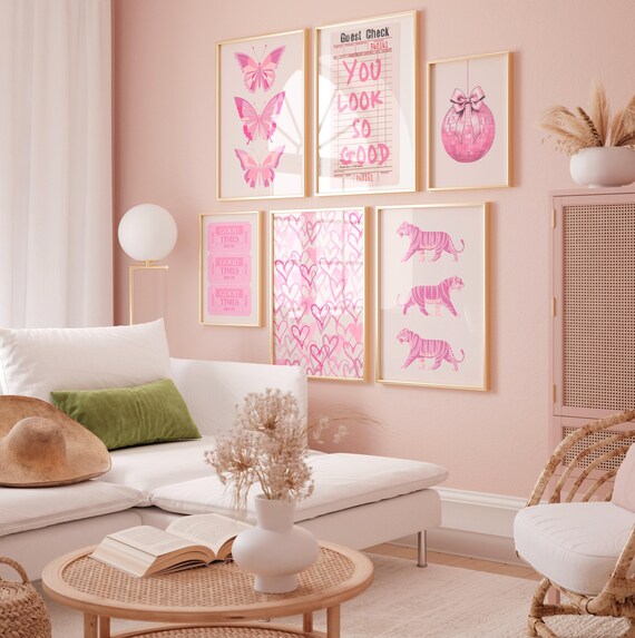 6 Stampe Artistiche Da Parete Con Fiocchi Rosa Alla Moda, Poster