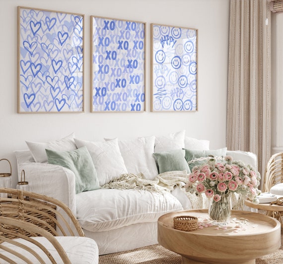 Blue Preppy Wall Art: College Apartment Decor, Hearts, XOXO Print (Digital Download)