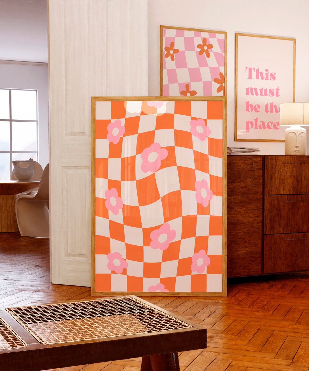 Floral Checkerboard Print: Retro 70s Wavy Decor (digital Download) - Etsy