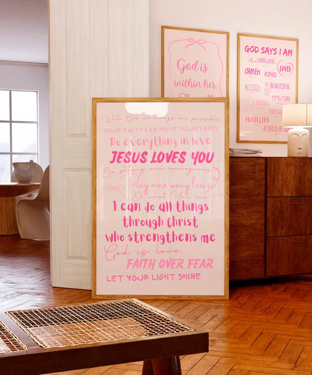 Pink Christian Wall Art, Bible Verse Affirmations Girly Scripture Print ...