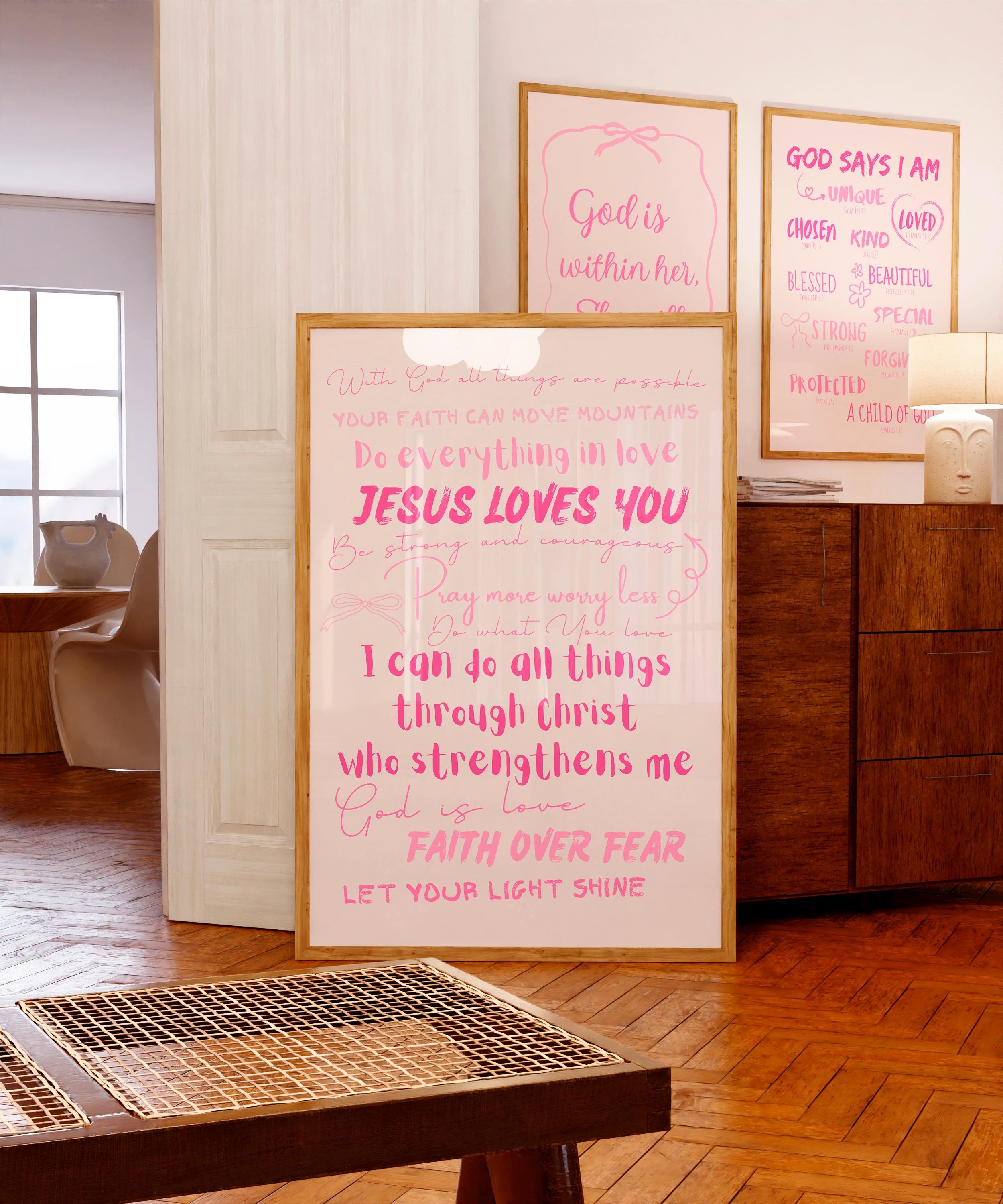 Girly Christian wall art Pink Scripture print Aesthetic room decor For teen girl Bible verse wall art Affirmations Jesus Loves You PRINTABLE