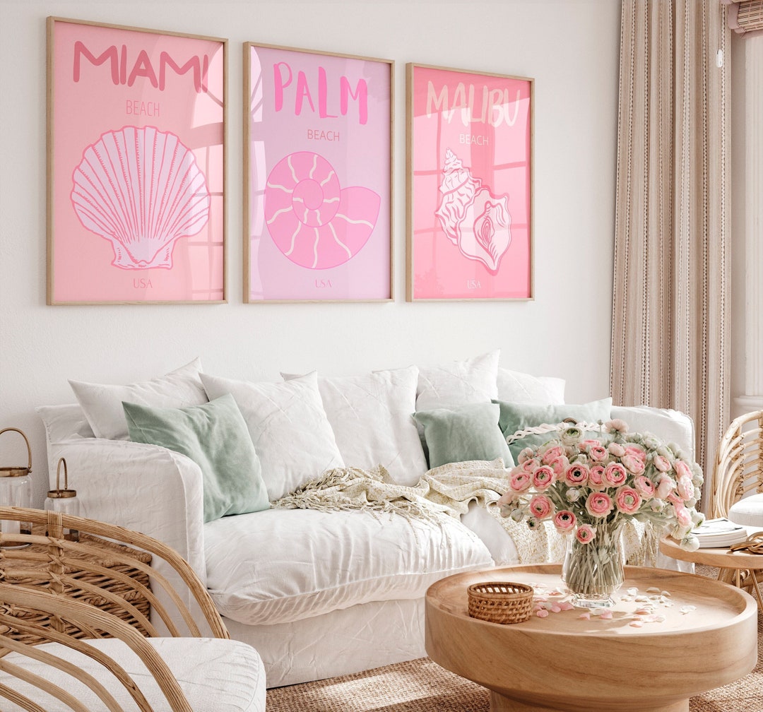 Preppy Beach Wall Art Pink Trendy Print Set of 3 Coastal Cowgirl Wall ...